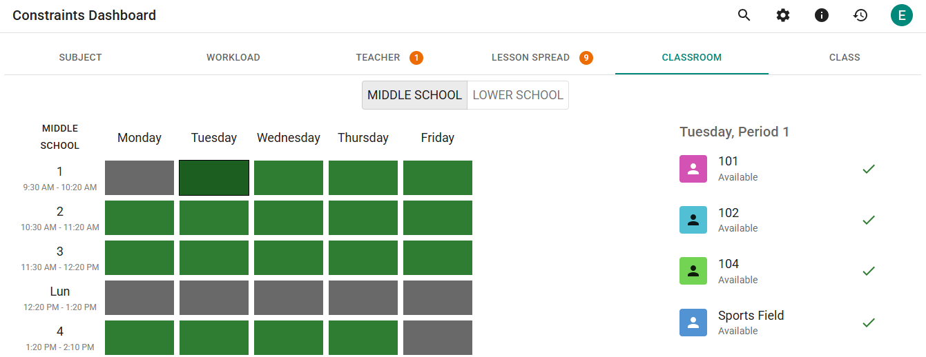 Classrooms Tab on Constraints Page