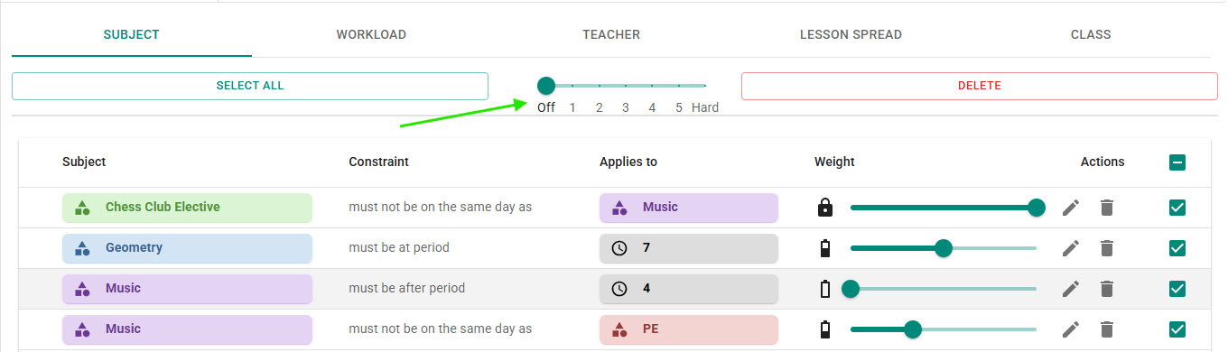 Set constraint weights using bulk actions